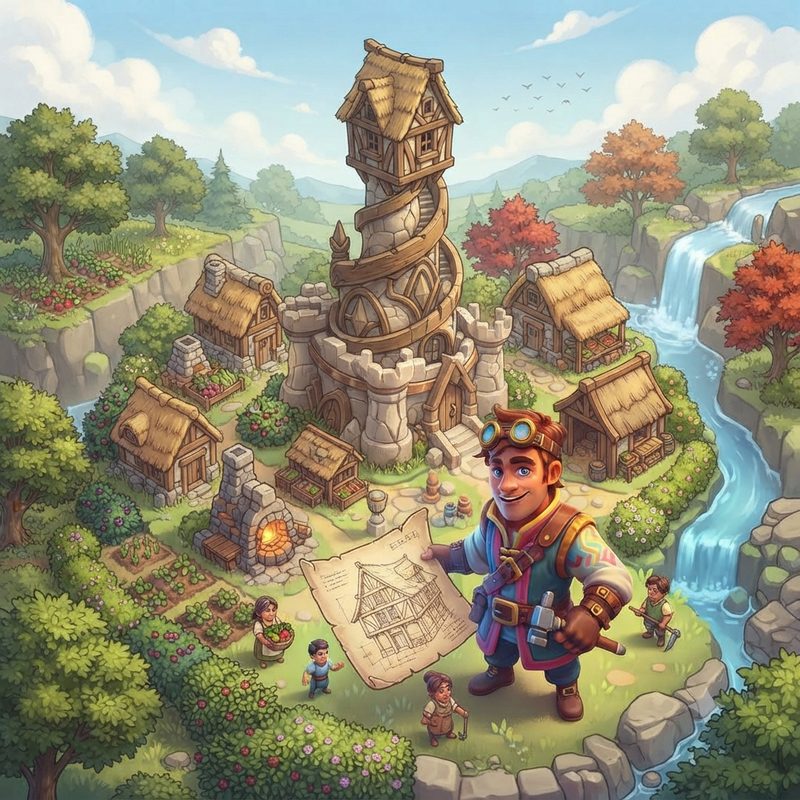 Rise and Rule key art: a hero holding a blueprint in front of a village